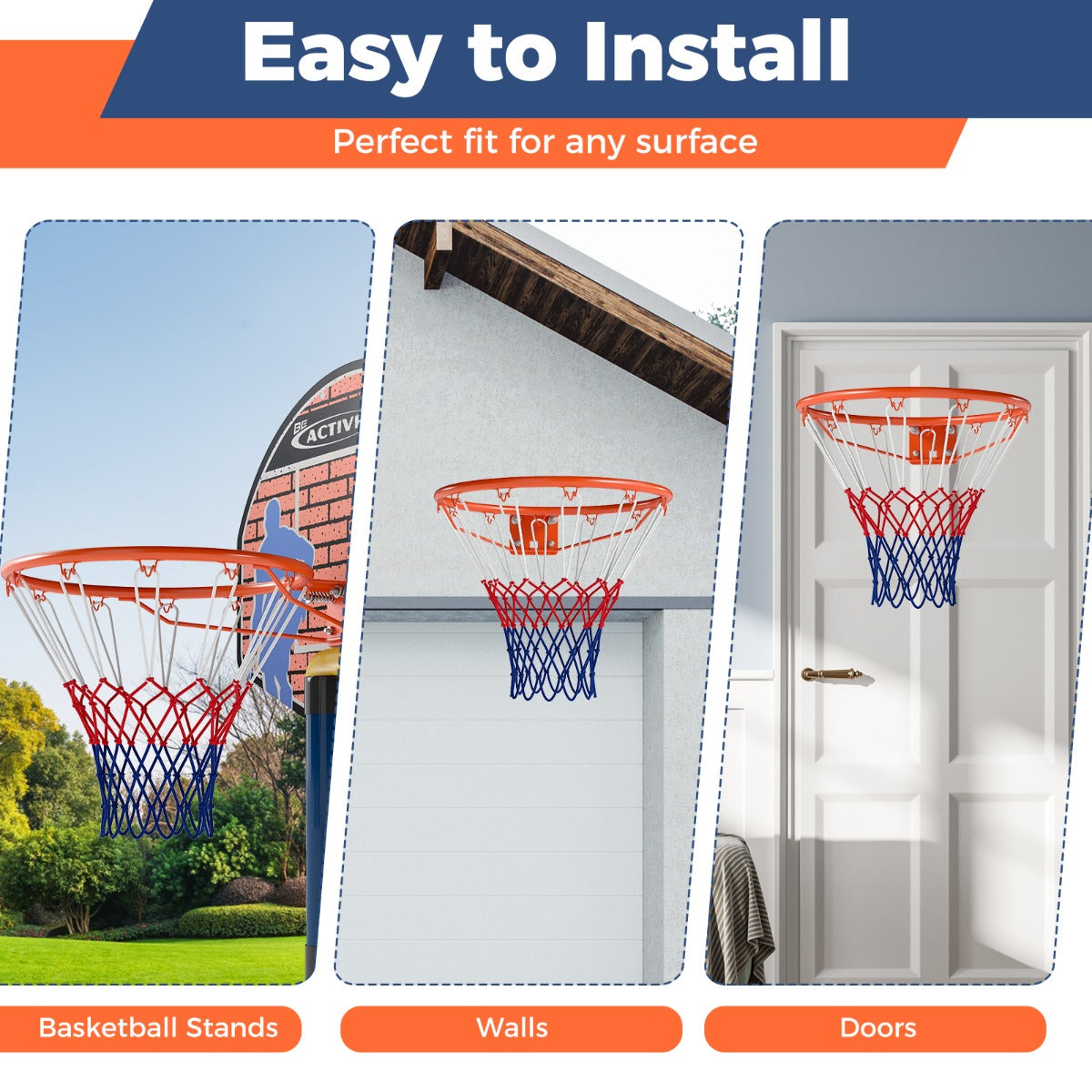 Livsk costway stevige basketbalring o45cm weerbestendig aan de muur te bevestigen compleet met basket en net oranje 5