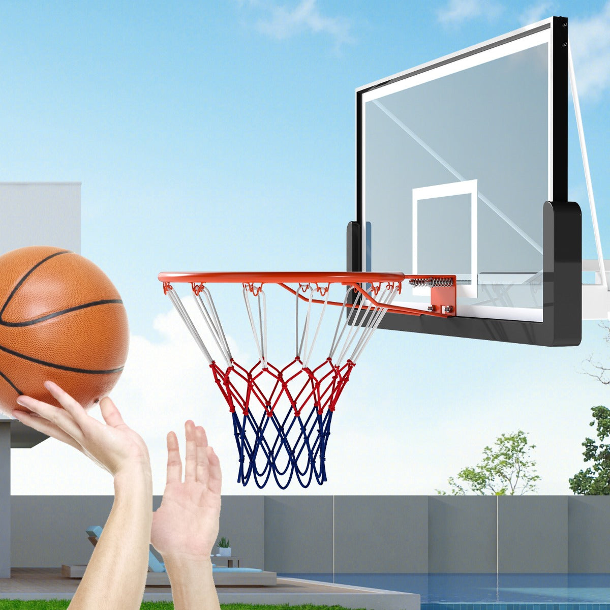 Livsk costway stevige basketbalring o45cm weerbestendig aan de muur te bevestigen compleet met basket en net oranje 6