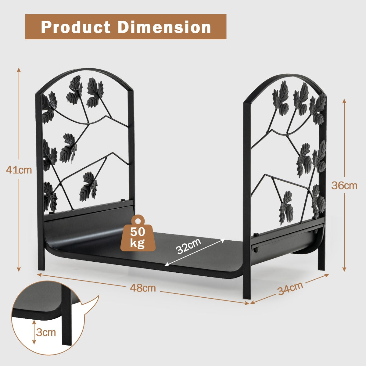 LIVSK Brandhoutstandaard - Stevig Stalen Frame - Tot 50 kg - Compact Ontwerp 48 x 34 x 41 cm - Elegante Bladpatronen - Zwart