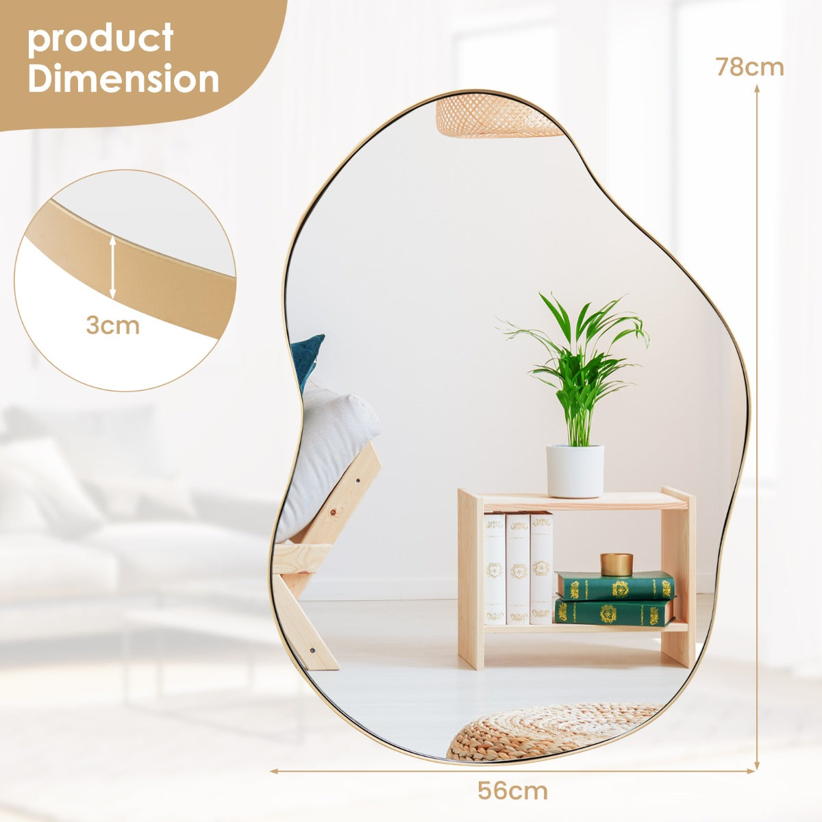 LIVSK Asymmetrische Wandspiegel - HD Reflectie - Stevig MDF en Metaal - Waterbestendig - 78 x 56 cm - Goud