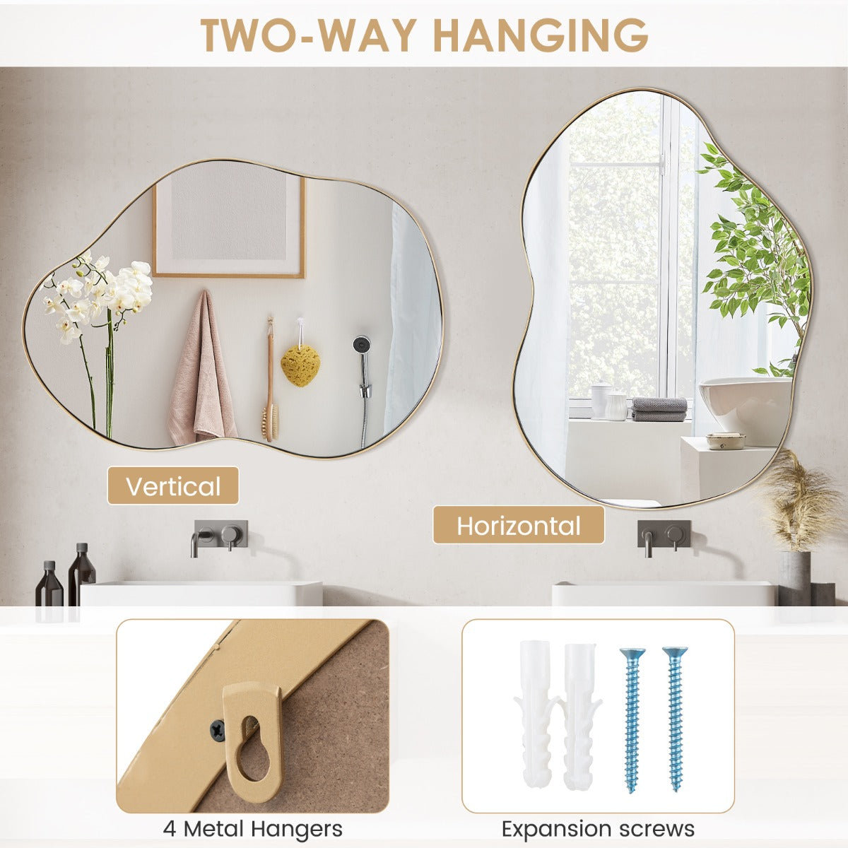 LIVSK Asymmetrische Wandspiegel - HD Reflectie - Stevig MDF en Metaal - Waterbestendig - 78 x 56 cm - Goud