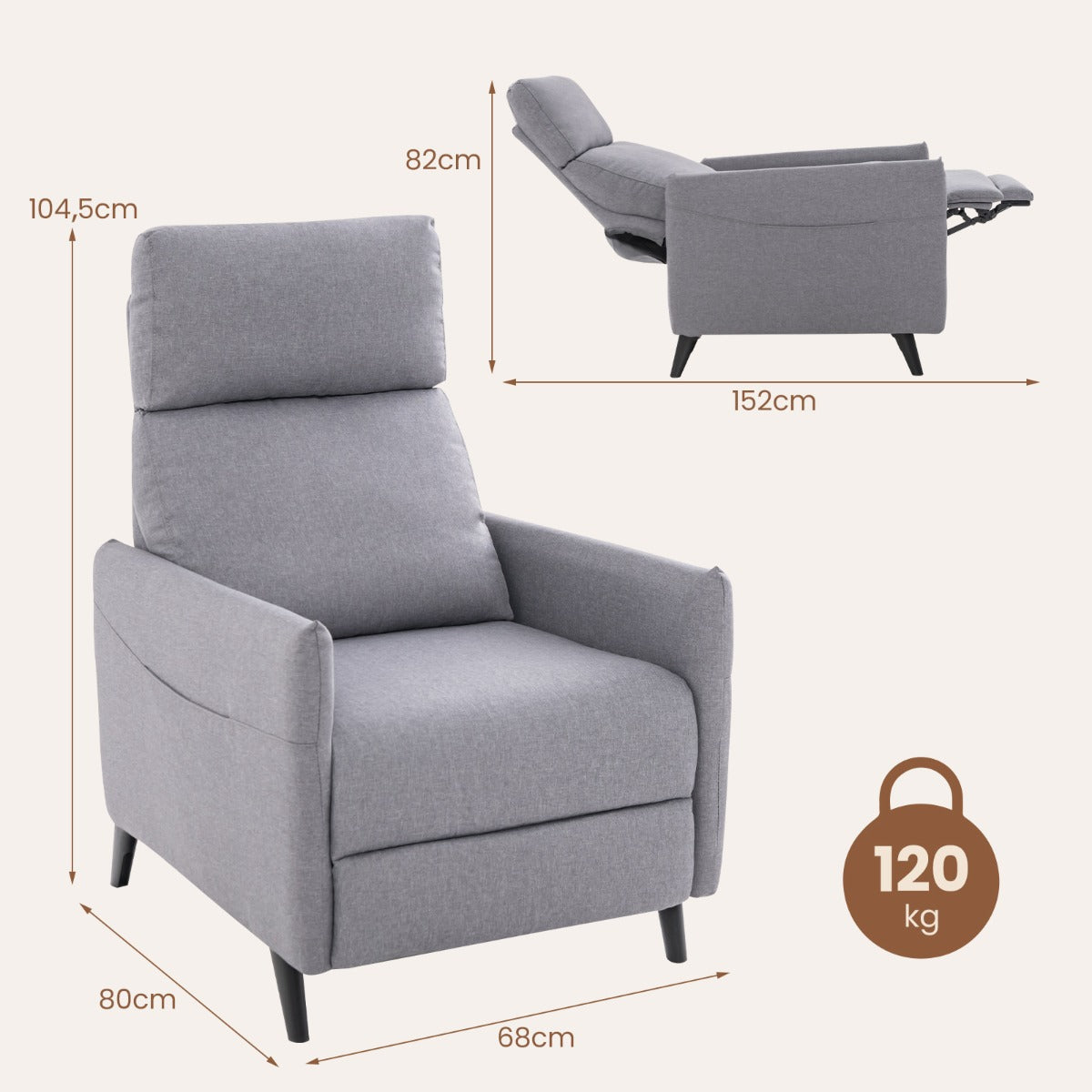 LIVSK Televisiestoel met Verstelbare Rugleuning en Voetensteun - Comfortabele Linnen Bekleding - Stabiel Ontwerp - 80 x 68 x