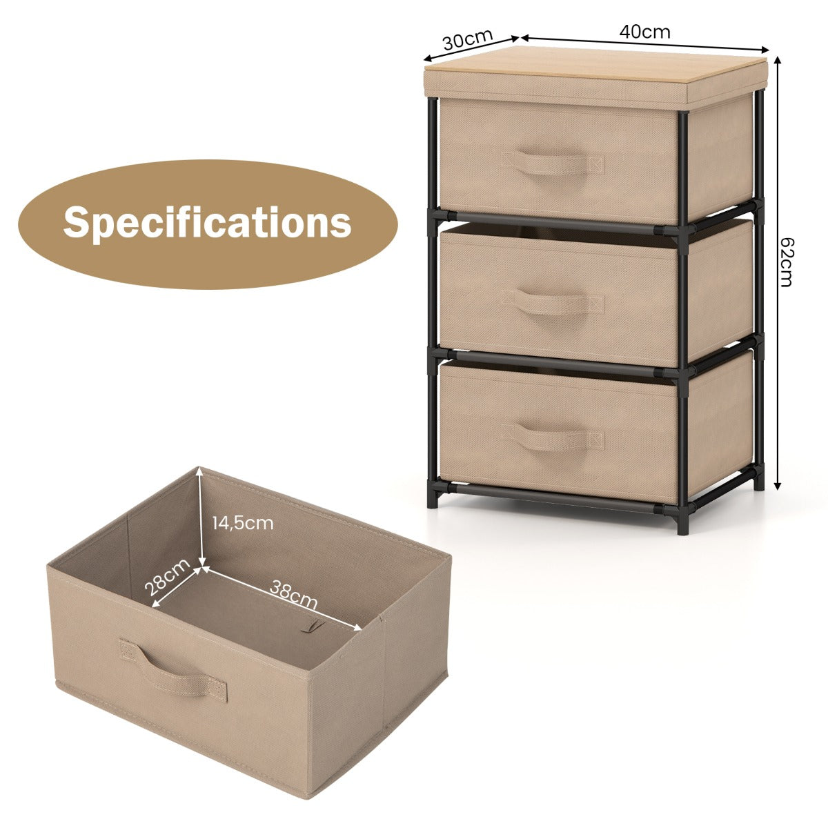 LIVSK Opvouwbare Ladekast - 3 Ruime Lades - Stabiel Metalen Frame - Multifunctioneel voor Slaapkamer en Gang - 40 x 30 x 62 cm -