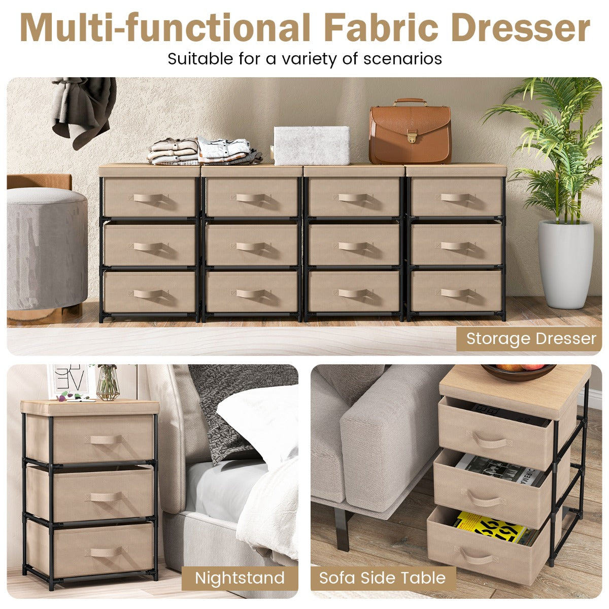 LIVSK Opvouwbare Ladekast - 3 Ruime Lades - Stabiel Metalen Frame - Multifunctioneel voor Slaapkamer en Gang - 40 x 30 x 62 cm -
