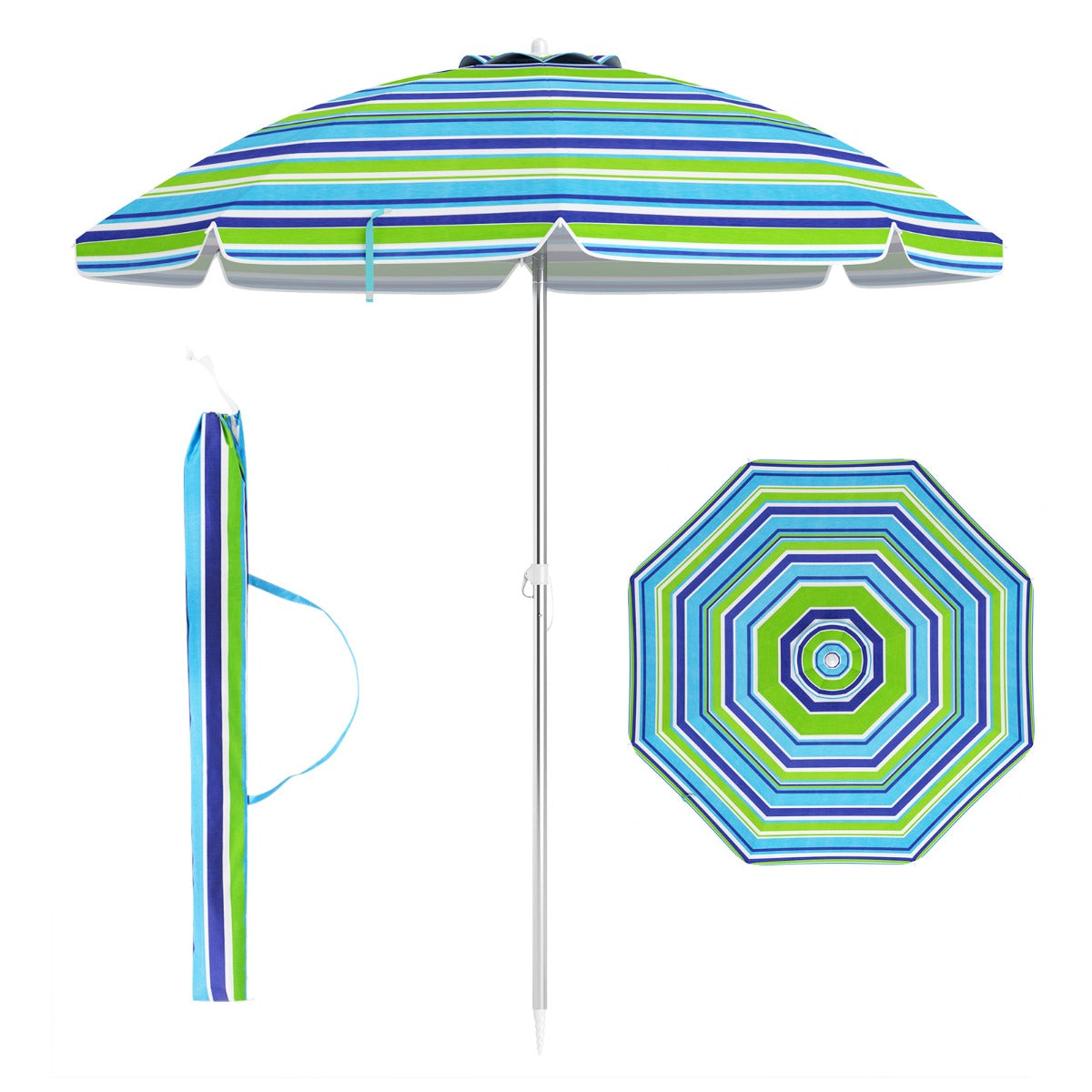 LIVSK Strandparasol - UV-Beschermend Doek - Verstelbare Kantelhoek - Zandanker - Inclusief Draagtas - Ø198 cm - Blauw + Groen