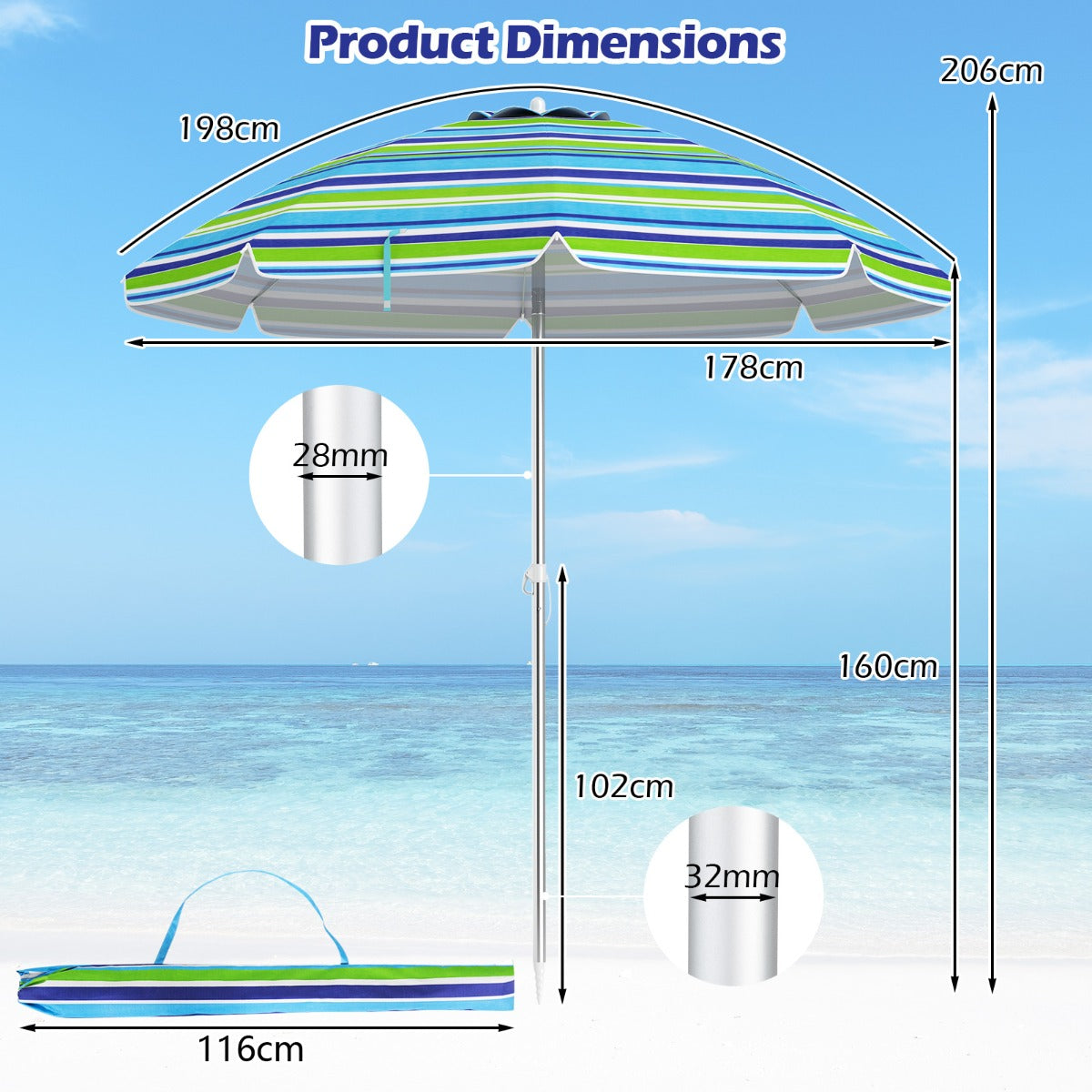 LIVSK Strandparasol - UV-Beschermend Doek - Verstelbare Kantelhoek - Zandanker - Inclusief Draagtas - Ø198 cm - Blauw + Groen