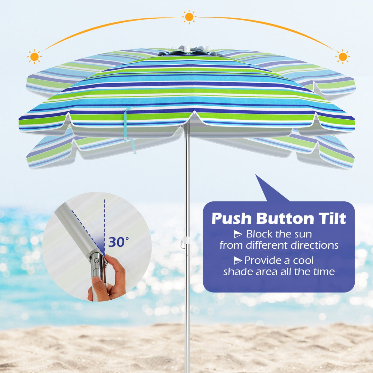 LIVSK Strandparasol - UV-Beschermend Doek - Verstelbare Kantelhoek - Zandanker - Inclusief Draagtas - Ø198 cm - Blauw + Groen