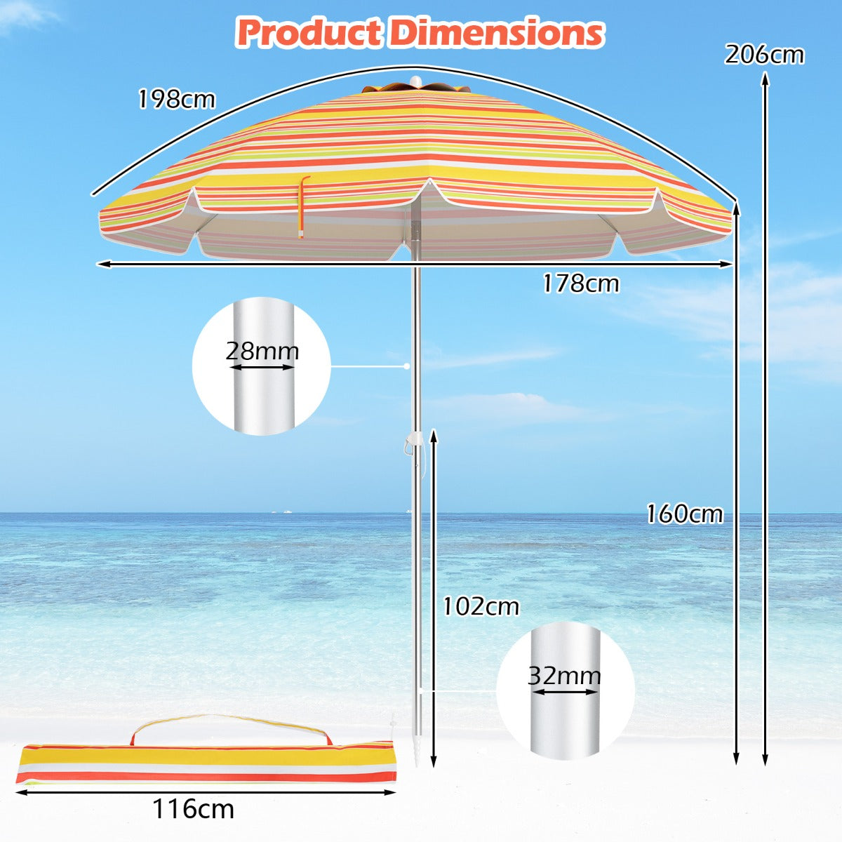 LIVSK Strandparasol - UV-beschermend Doek - Kantelbaar - Zandanker - Draagtas - Ø198 x 206 cm - Rood & Geel