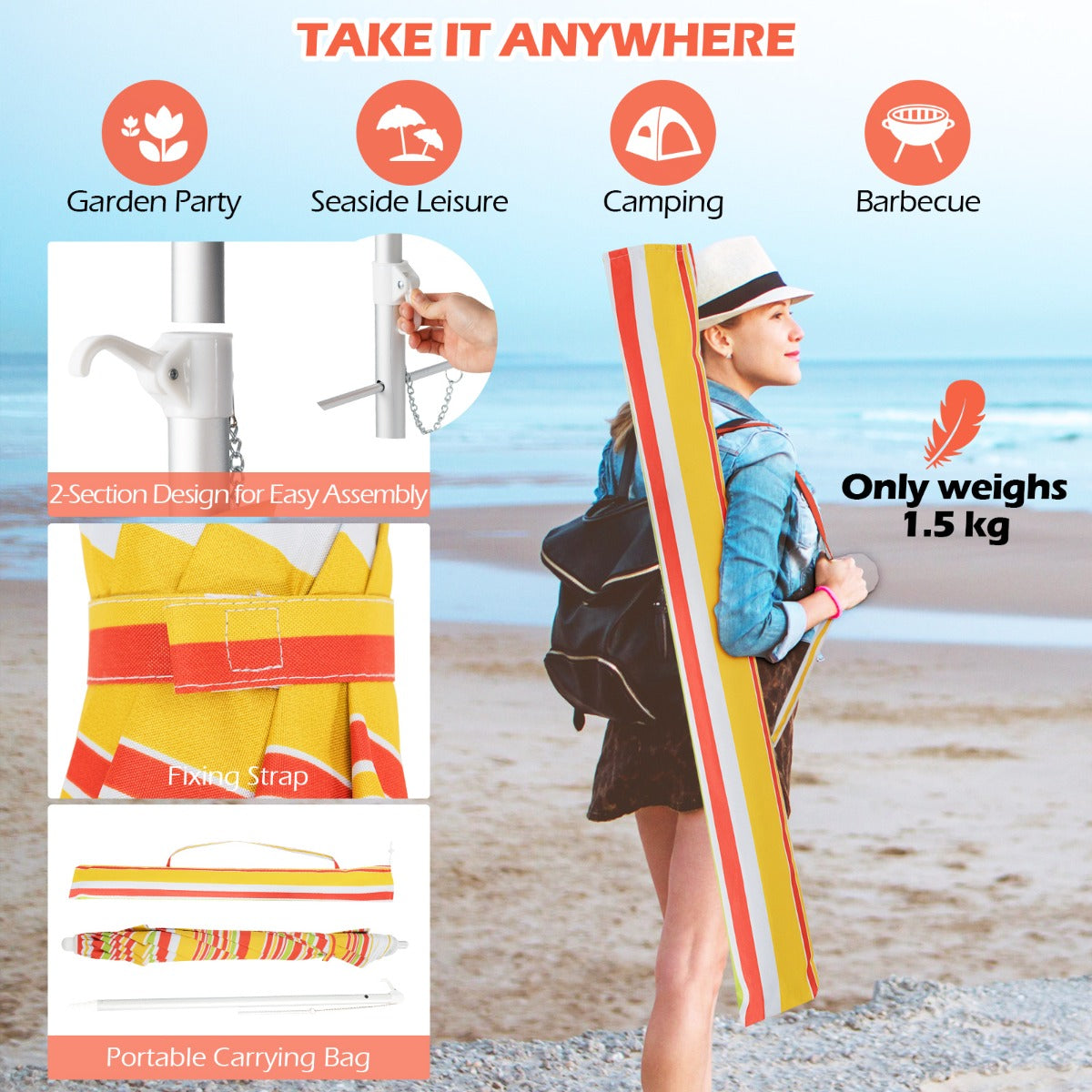 LIVSK Strandparasol - UV-beschermend Doek - Kantelbaar - Zandanker - Draagtas - Ø198 x 206 cm - Rood & Geel