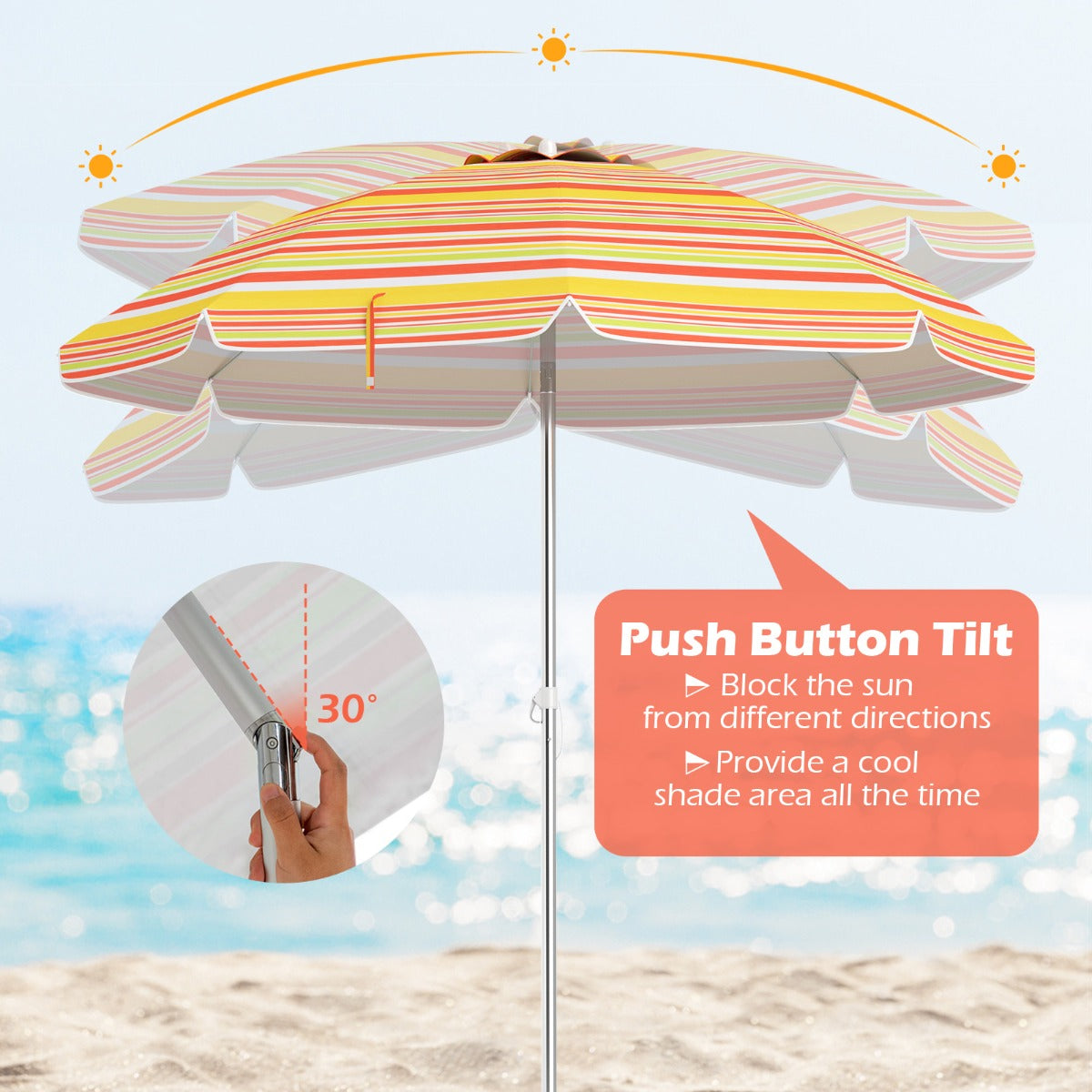 LIVSK Strandparasol - UV-beschermend Doek - Kantelbaar - Zandanker - Draagtas - Ø198 x 206 cm - Rood & Geel