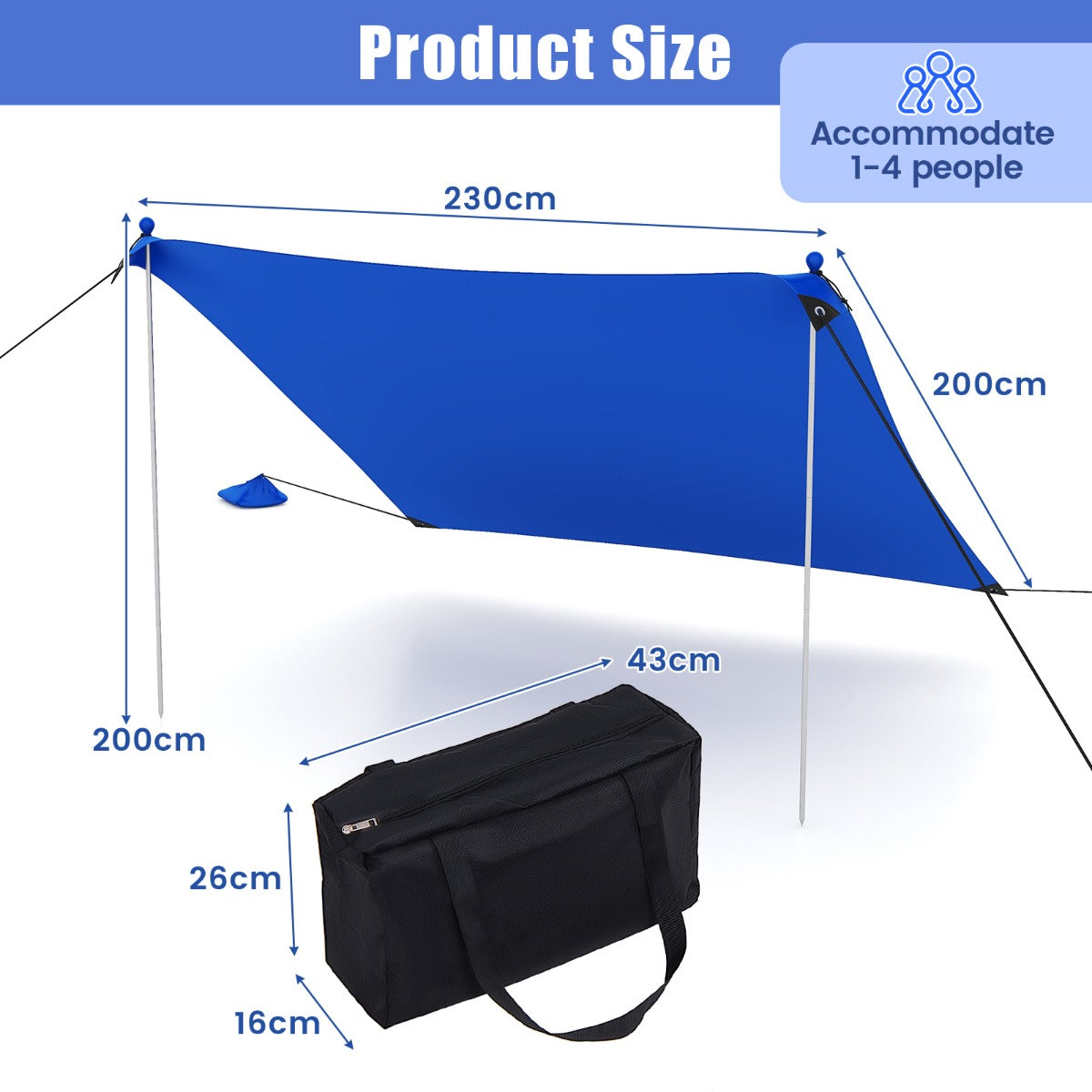 LIVSK Draagbare Strandtent 200 x 200 x 200 cm - UPF-50+ Polyester-Lycra - Inclusief Haringen en Zandzakken - Lichtgewicht - Blauw