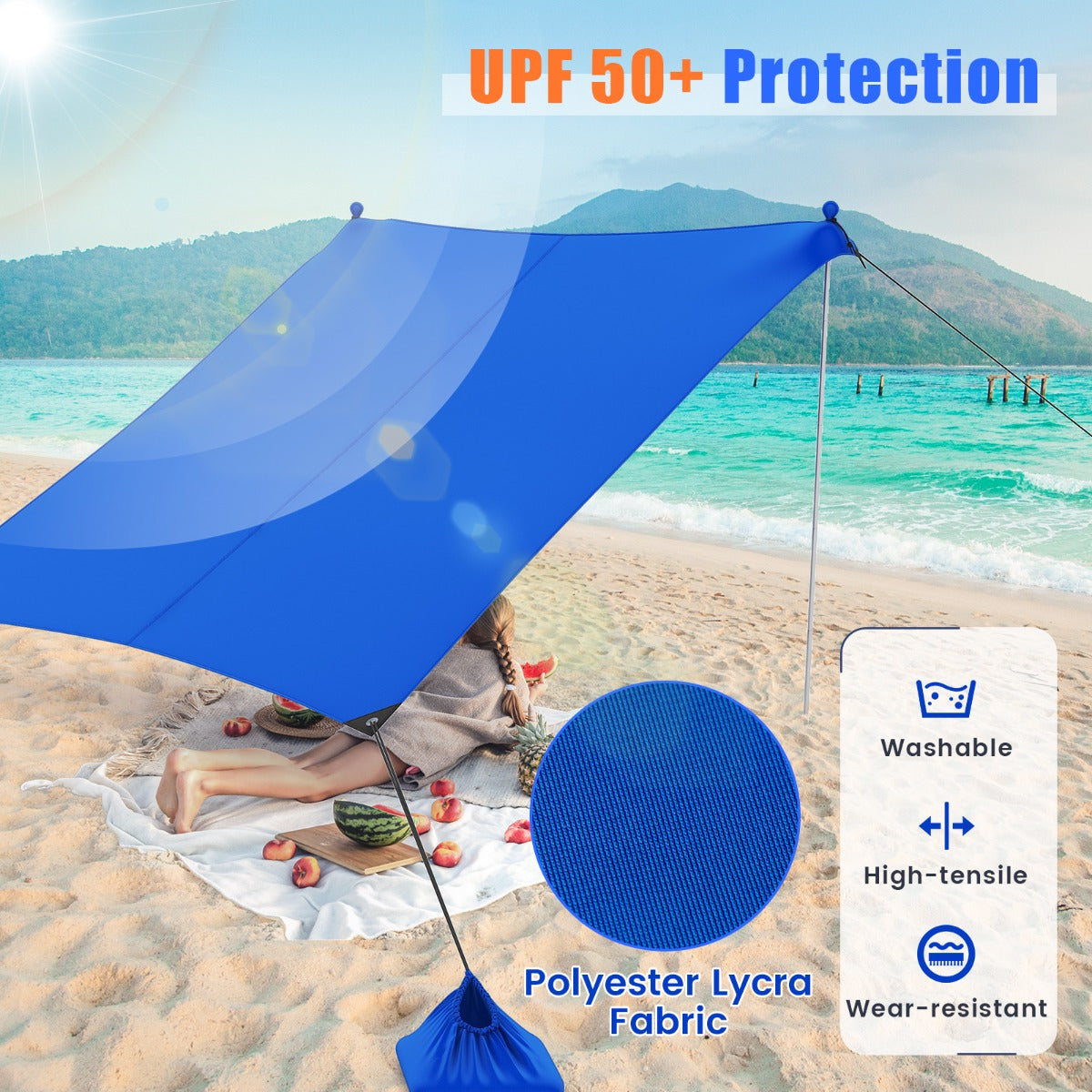 LIVSK Draagbare Strandtent 200 x 200 x 200 cm - UPF-50+ Polyester-Lycra - Inclusief Haringen en Zandzakken - Lichtgewicht - Blauw