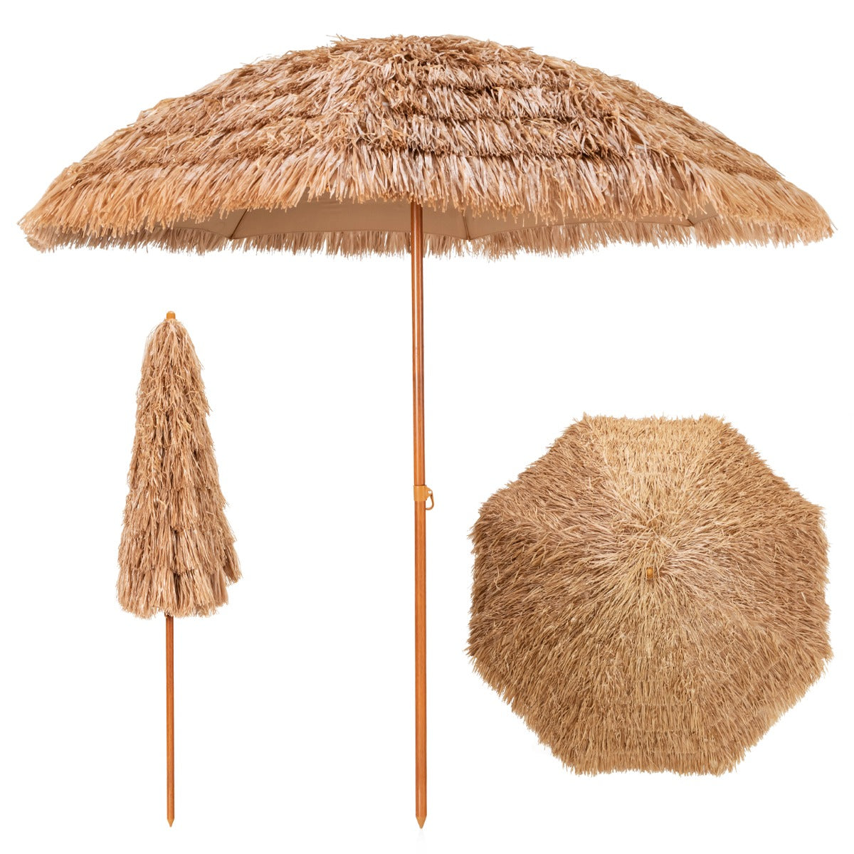 LIVSK Tiki-parasol - 7-traps PP-strodak - Waterdicht Polyester - Stabiele Constructie - 8 Ribben - 205 x 205 x 222 cm - Natuur