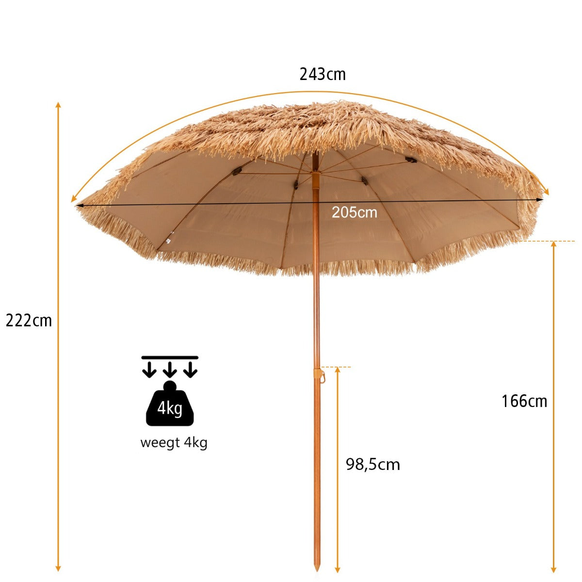 LIVSK Tiki-parasol - 7-traps PP-strodak - Waterdicht Polyester - Stabiele Constructie - 8 Ribben - 205 x 205 x 222 cm - Natuur