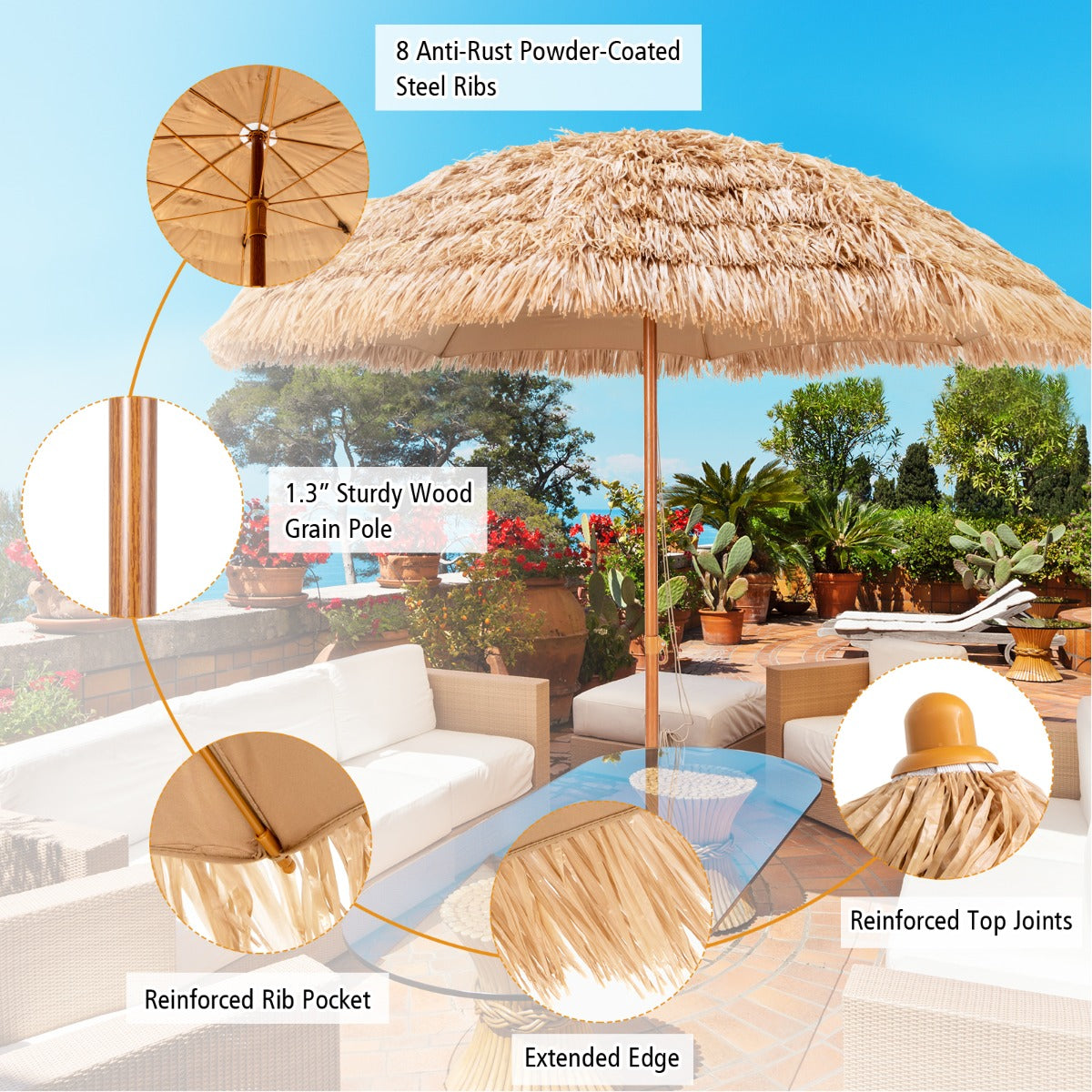LIVSK Tiki-parasol - 7-traps PP-strodak - Waterdicht Polyester - Stabiele Constructie - 8 Ribben - 205 x 205 x 222 cm - Natuur