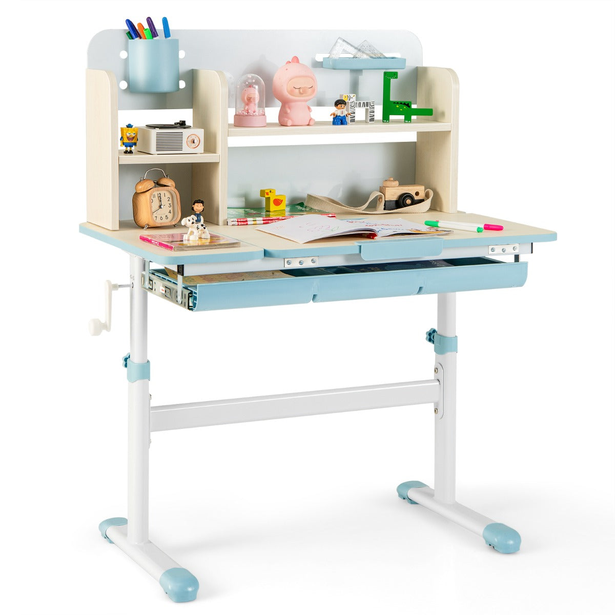 Livsk costway studiebureau voor kinderen in hoogte verstelbare schrijftafel kantelbaar blad kinderbureau met hok lade penhouder meetlat blauw