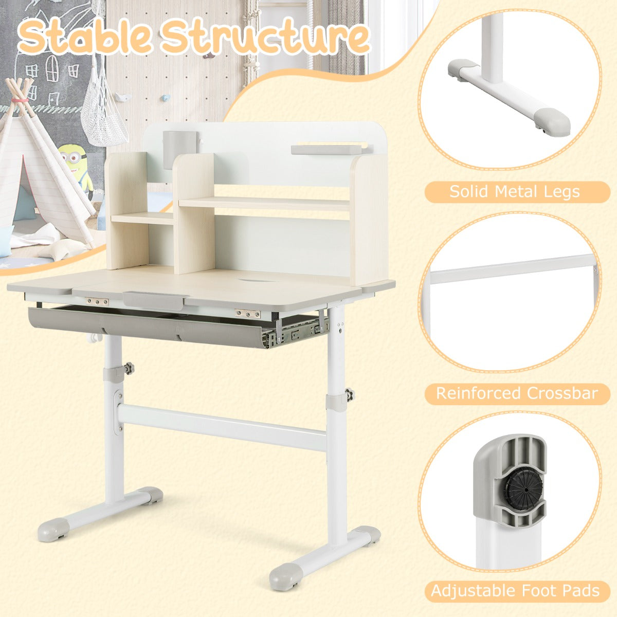 Livsk costway studiebureau voor kinderen in hoogte verstelbare schrijftafel kantelbaar blad kinderbureau met hok lade penhouder meetlat grijs 6