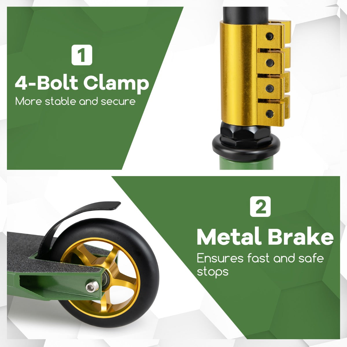 LIVSK Professionele Stuntstep - 110 mm PU Wielen - ABEC-7 Kogellagers - Aluminium Dek - Tot 100 kg - Zwart/Groen/Geel