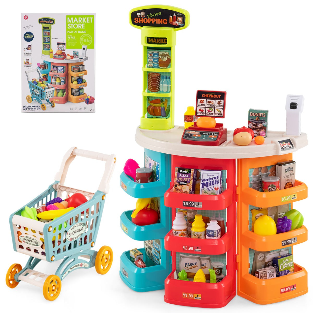 LIVSK Supermarktspeelset voor Kinderen - Inclusief Winkelwagen en 29 Accessoires - Interactieve Kassa - Voor 3 Jaar en Ouders -