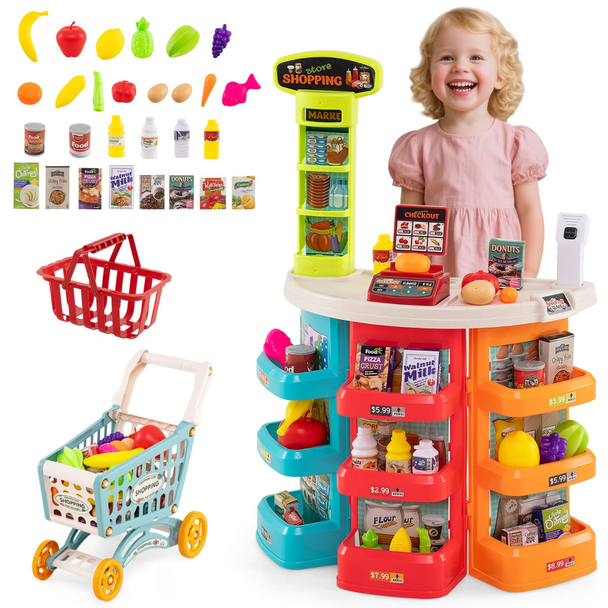 LIVSK Supermarktspeelset voor Kinderen - Inclusief Winkelwagen en 29 Accessoires - Interactieve Kassa - Voor 3 Jaar en Ouders -