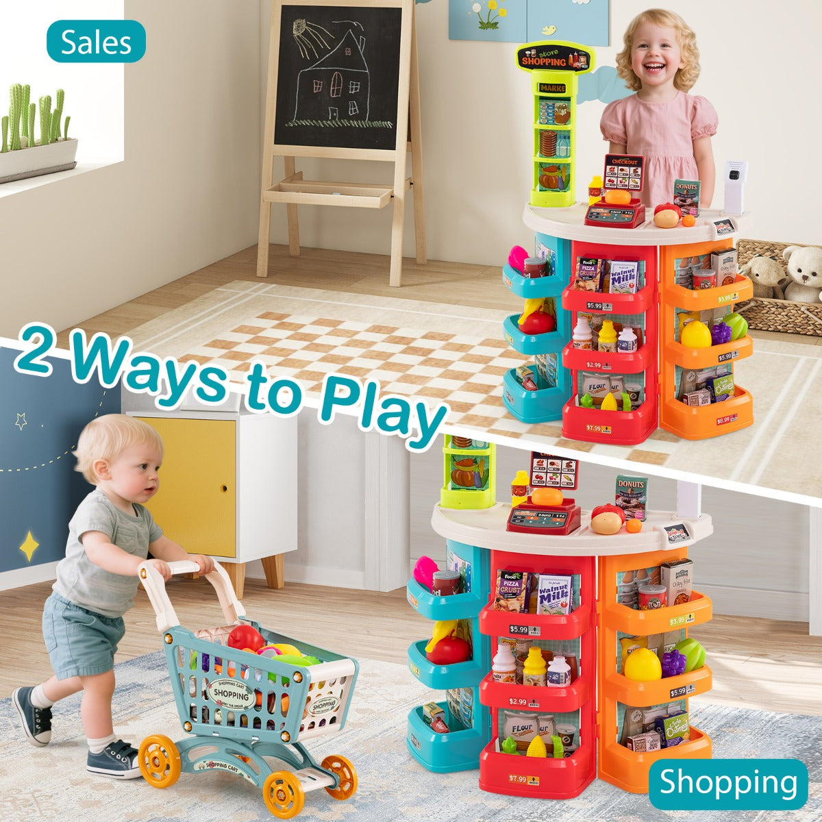 LIVSK Supermarktspeelset voor Kinderen - Inclusief Winkelwagen en 29 Accessoires - Interactieve Kassa - Voor 3 Jaar en Ouders -
