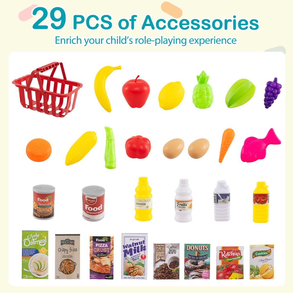 LIVSK Supermarktspeelset voor Kinderen - Inclusief Winkelwagen en 29 Accessoires - Interactieve Kassa - Voor 3 Jaar en Ouders -