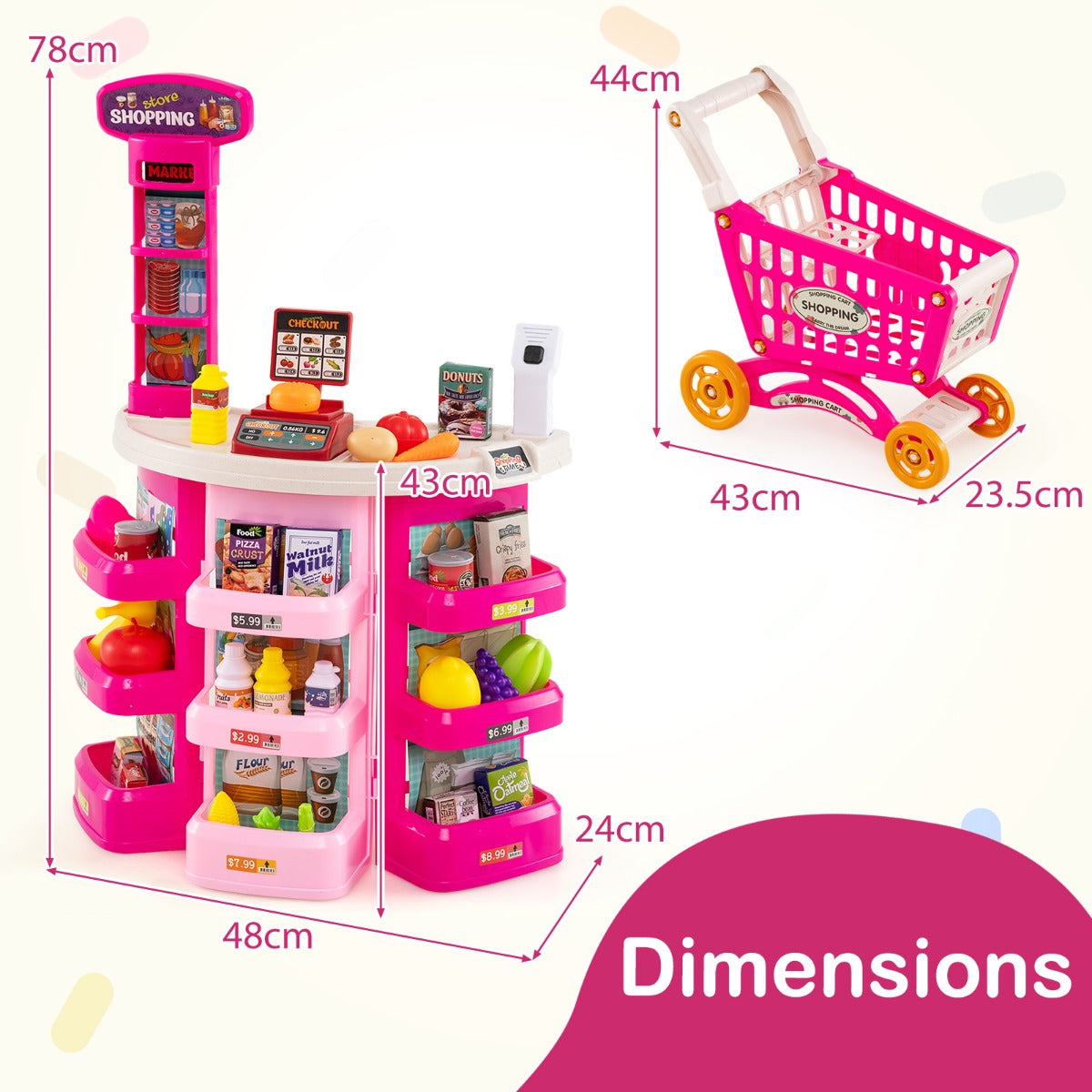 LIVSK Supermarktspeelset voor Kinderen - Inclusief Winkelwagen en 29 Accessoires - Interactieve Kassa met Licht en Geluid -