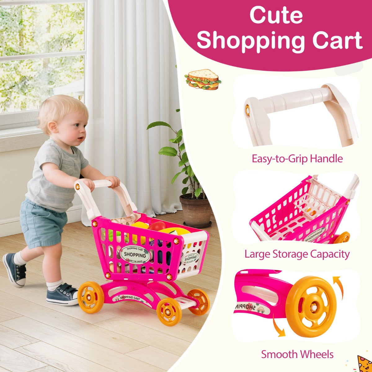 LIVSK Supermarktspeelset voor Kinderen - Inclusief Winkelwagen en 29 Accessoires - Interactieve Kassa met Licht en Geluid -