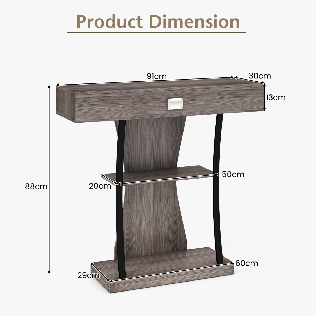 LIVSK T-Vormige Consoletafel met Uittrekbare Lade - Ruim Tafelblad - 2 Niveaus - Stevig en Elegant - 91 x 30 x 88 cm - Grijs/Zwart