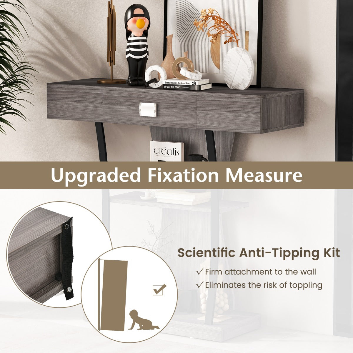 LIVSK T-Vormige Consoletafel met Uittrekbare Lade - Ruim Tafelblad - 2 Niveaus - Stevig en Elegant - 91 x 30 x 88 cm - Grijs/Zwart