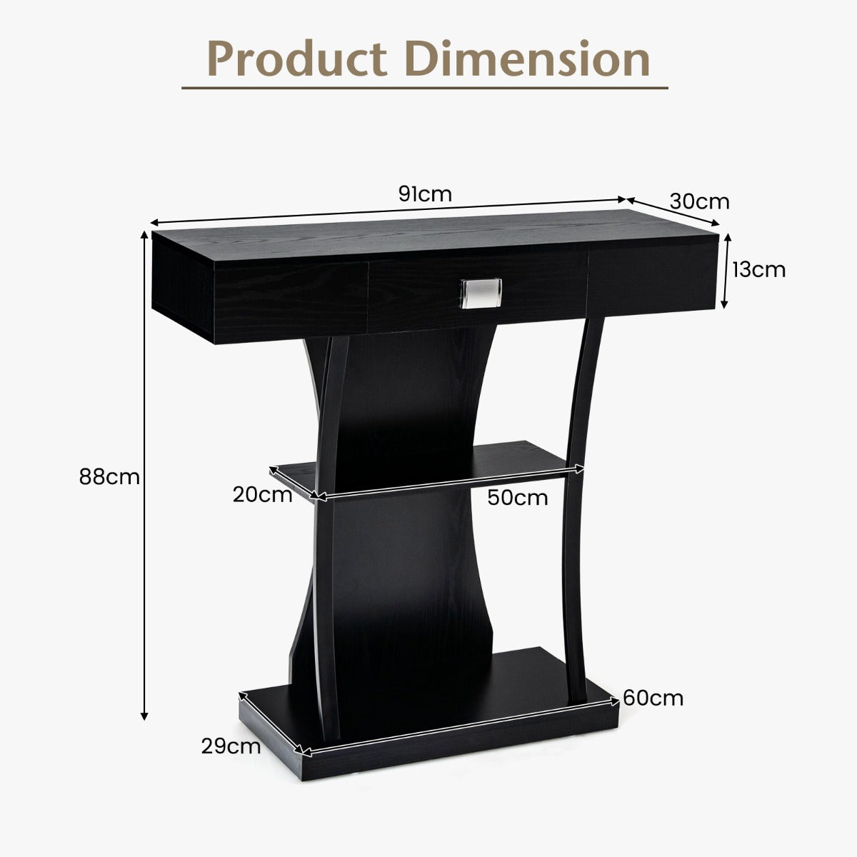 LIVSK T-Vormige Consoletafel met Lade en Open Plank - Stevig en Ruimtebesparend - Voor Woonkamer - 91 x 30 x 88 cm - Grijs/Zwart