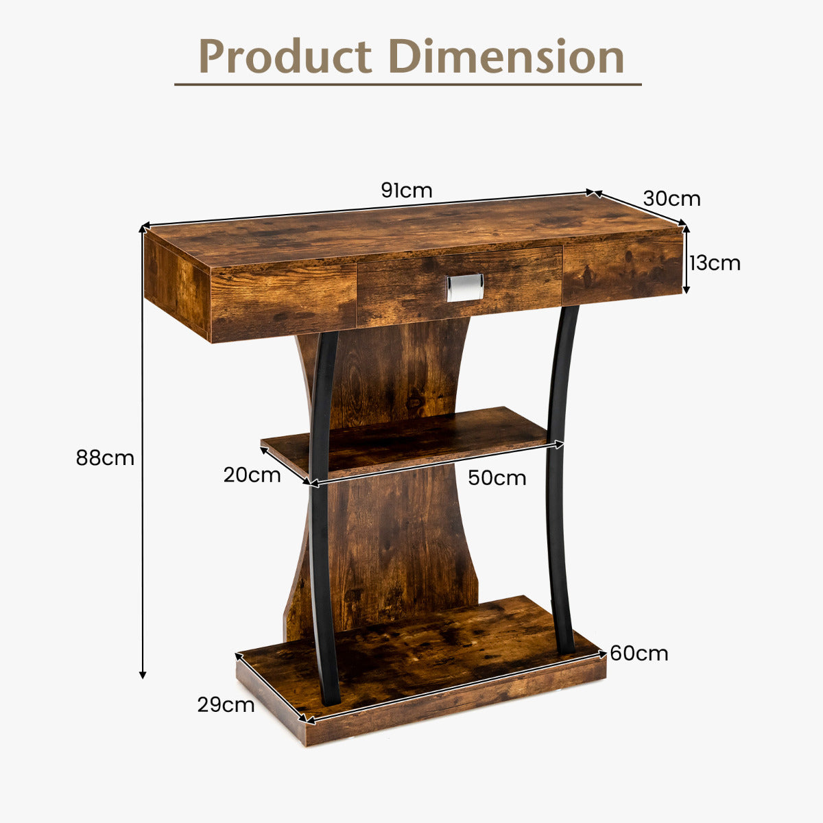 LIVSK Foyertafel - T-vormig Frame - 2 Niveaus - Antislip - Eenvoudige Montage - 30 kg Belastbaar - Rustiek Bruin