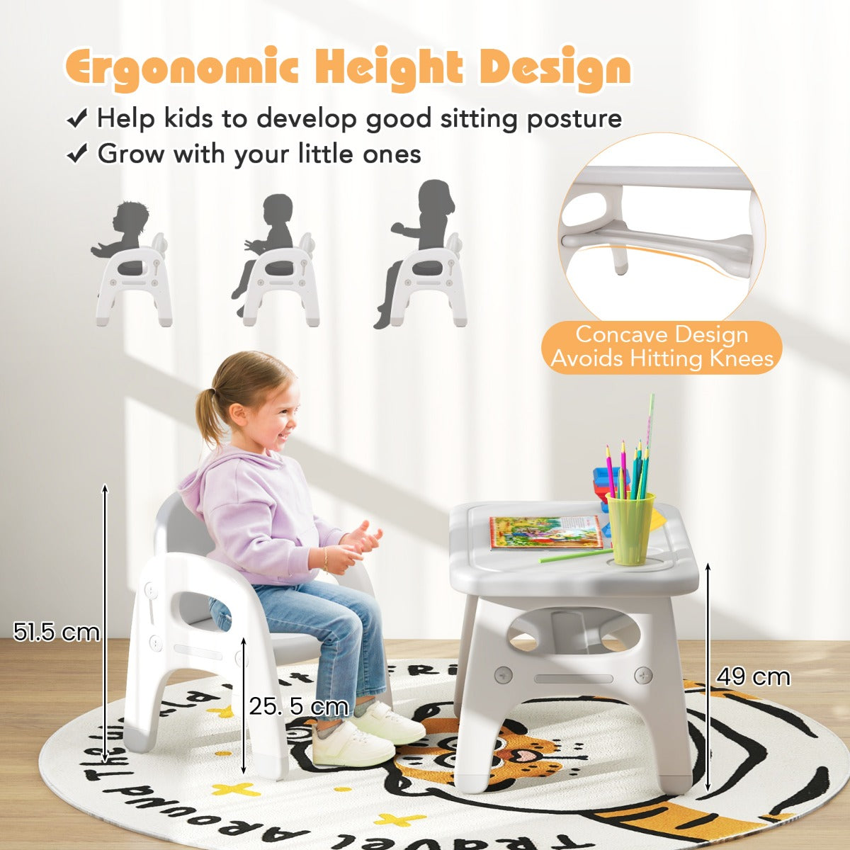 LIVSK Dinosaurus Tafel en Stoel Set - Ergonomisch en Stevig - Niet-giftig HDPE - Voor Kinderen 1-5 jaar - Wit + Grijs