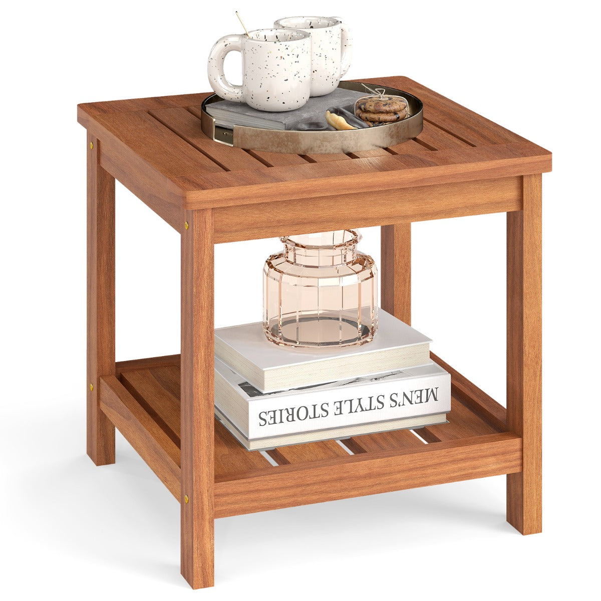 Livsk costway tafel voor binnen en buiten met 2 niveaus houten salontafel met opbergplank kleine salontafel in boerderijstijl