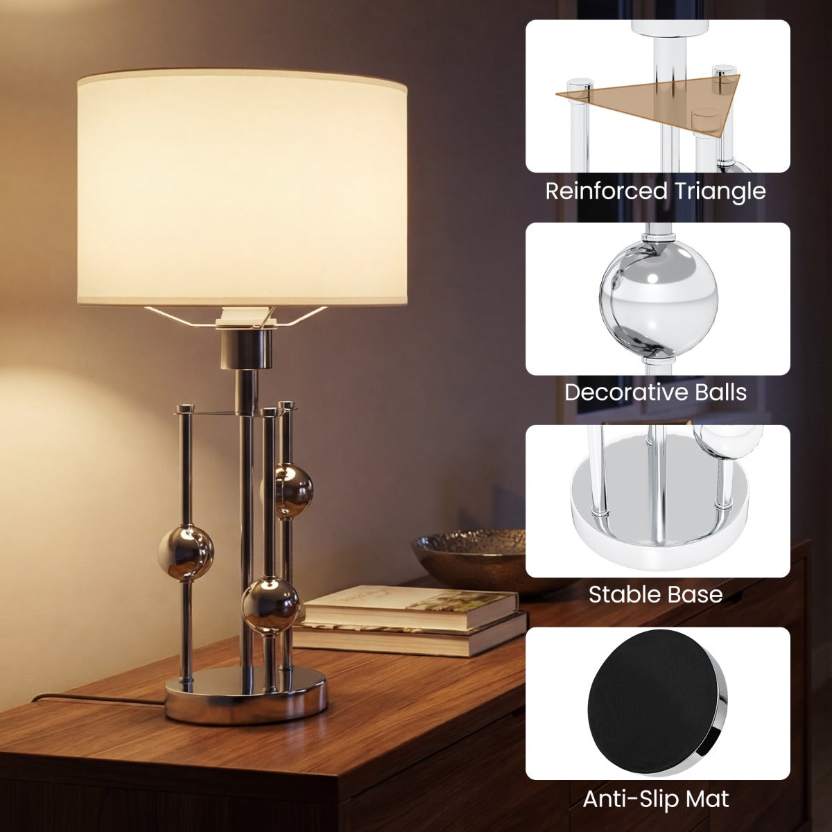 Livsk costway tafellamp nachtlampje bureaulamp met e27 fitting lampenkap van linnen en decoratieve bolletjes moderne nachtlamp