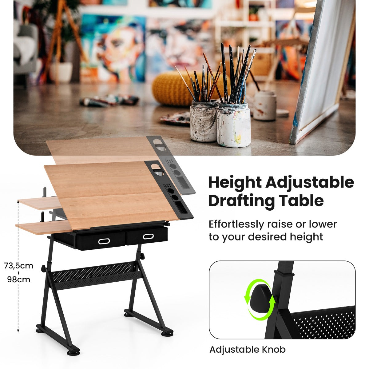 LIVSK Multifunctionele Tekentafel - Verstelbaar en Kantelbaar - 2 Lades en Legplank - Inclusief Kruk - Bruin en Zwart