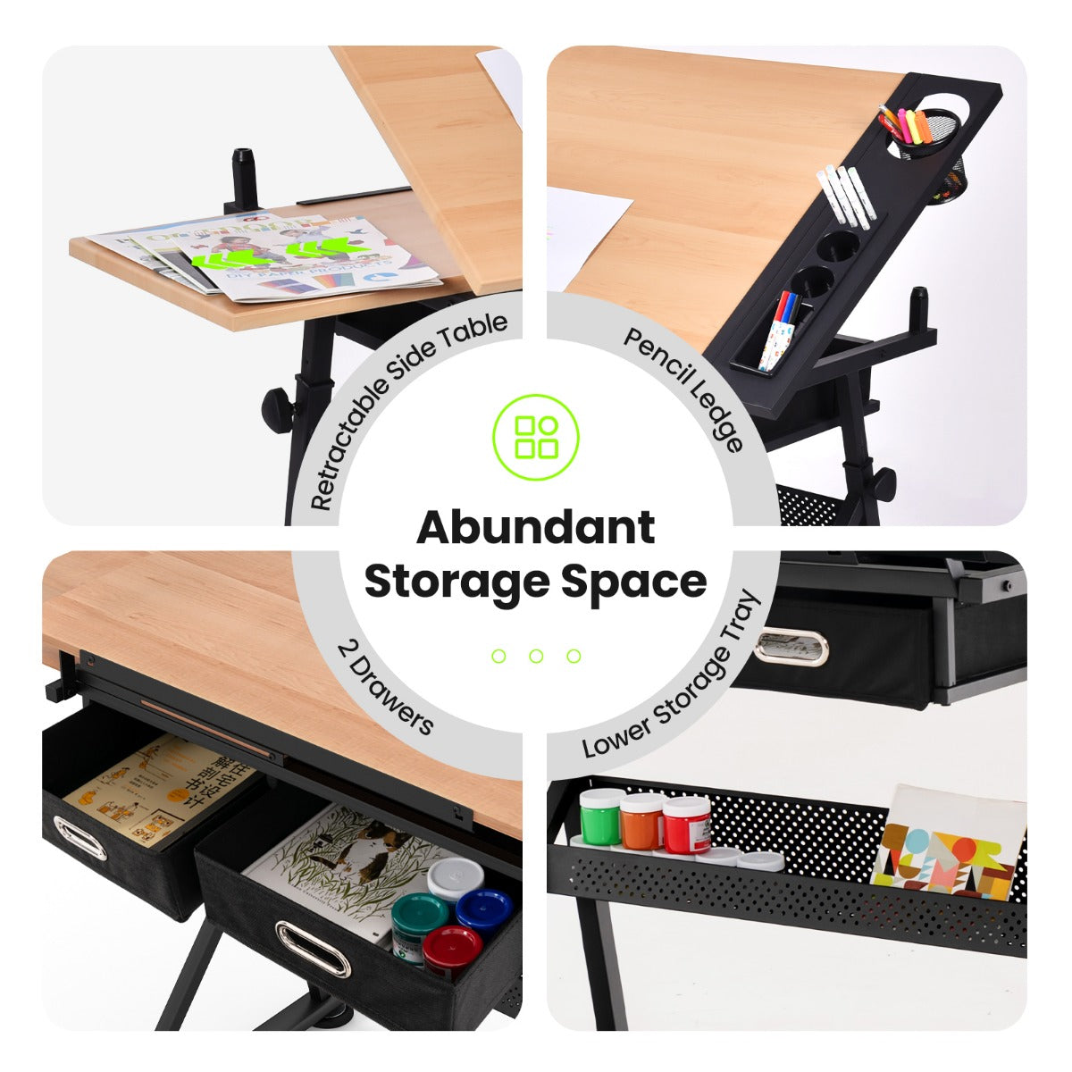 LIVSK Multifunctionele Tekentafel - Verstelbaar en Kantelbaar - 2 Lades en Legplank - Inclusief Kruk - Bruin en Zwart