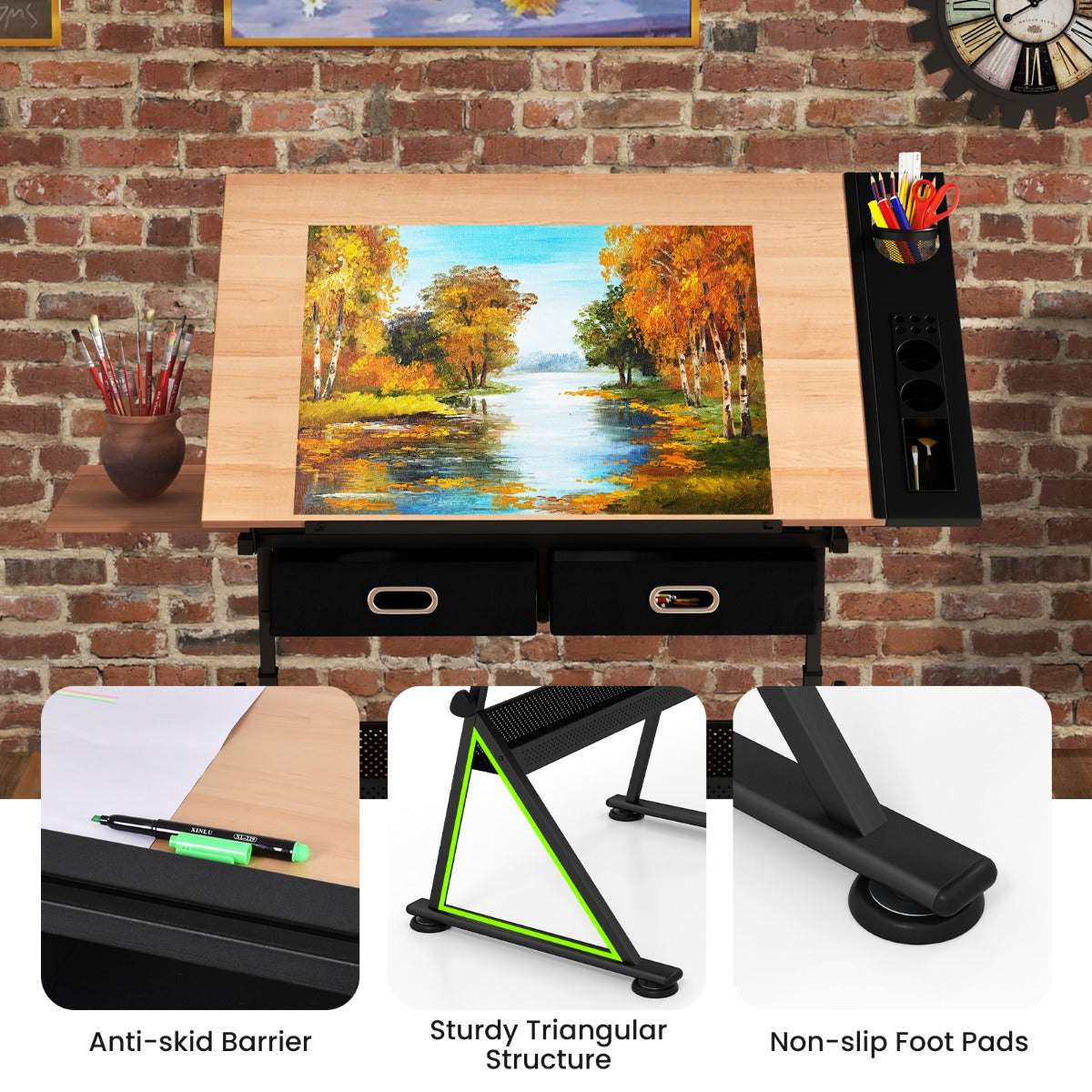 LIVSK Multifunctionele Tekentafel - Verstelbaar en Kantelbaar - 2 Lades en Legplank - Inclusief Kruk - Bruin en Zwart