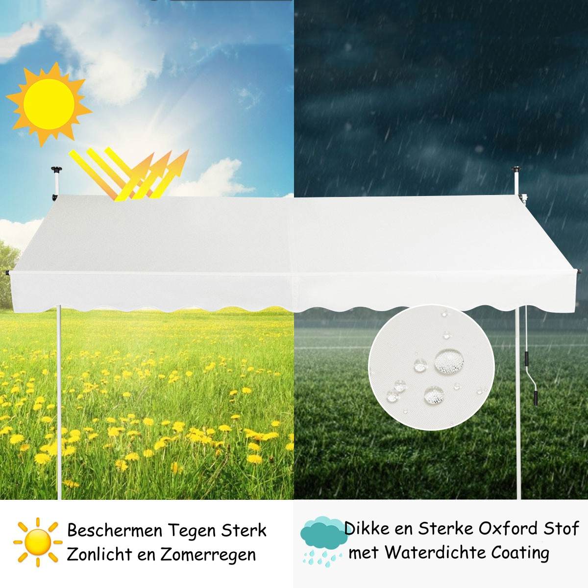LIVSK Intrekbare Zonneluifel - Waterdicht en Verstelbaar - Hoogte 200-300 cm - Breedte 395 cm - Aluminium en Oxford - Beige