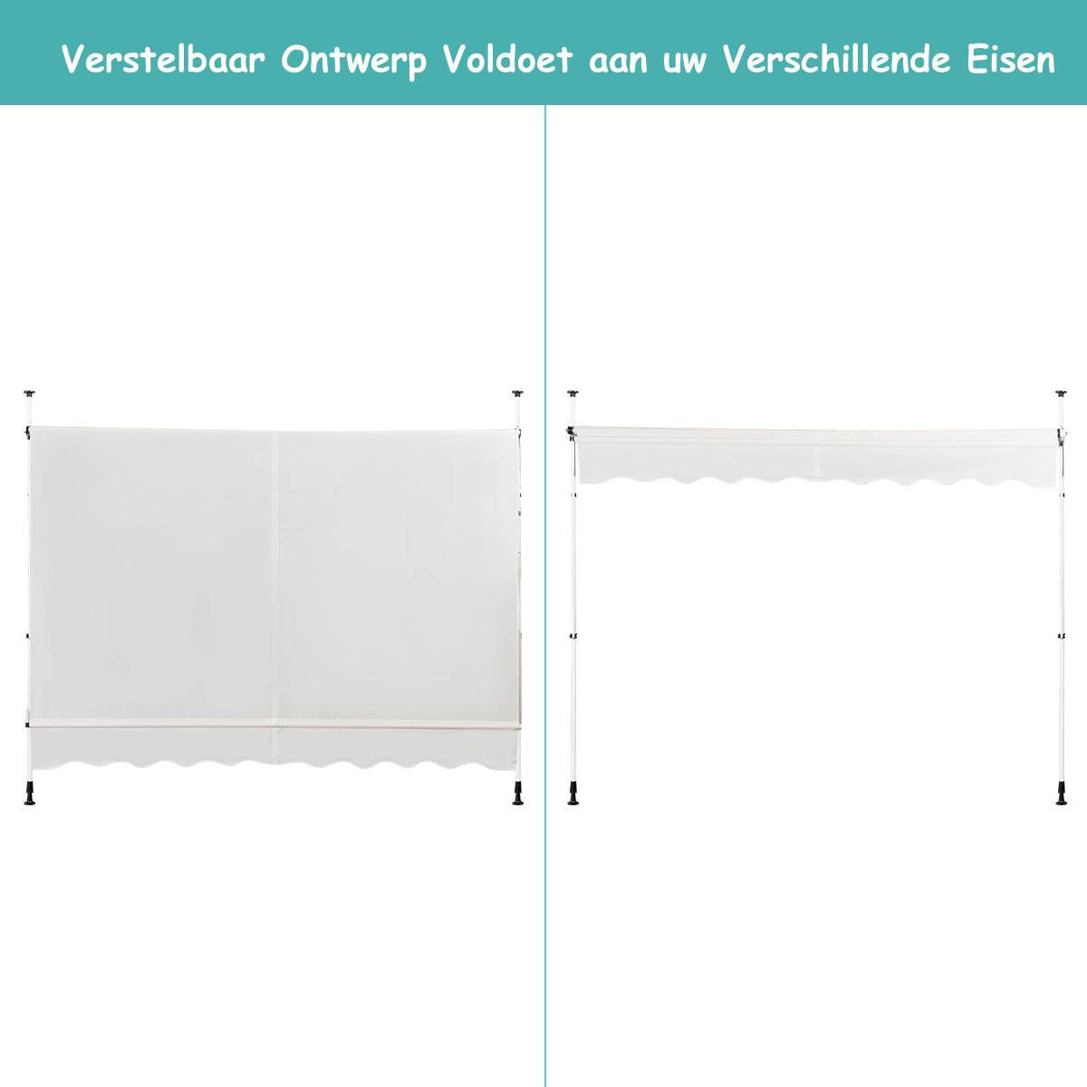 LIVSK Intrekbare Zonneluifel - Waterdicht en Verstelbaar - Hoogte 200-300 cm - Breedte 395 cm - Aluminium en Oxford - Beige