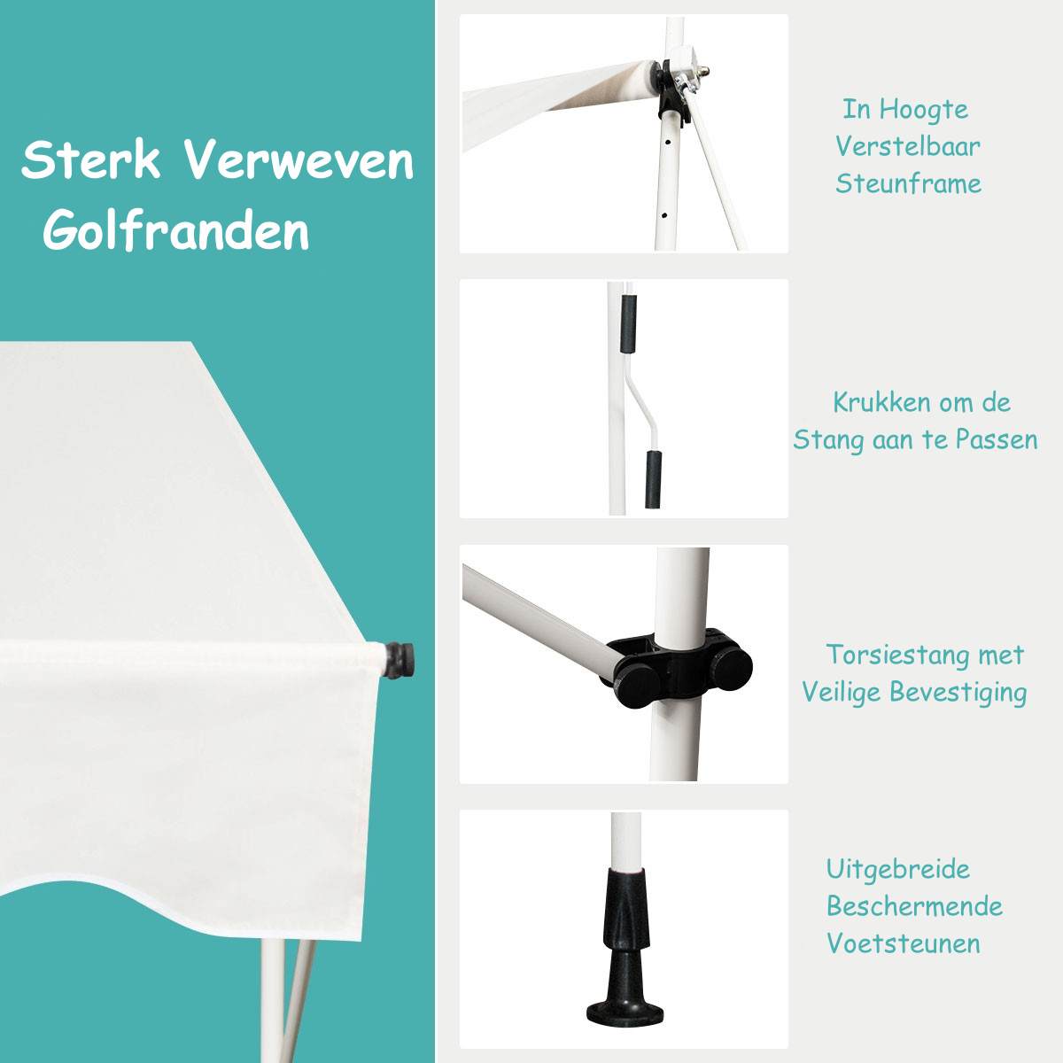 LIVSK Intrekbare Zonneluifel - Waterdicht en Verstelbaar - Hoogte 200-300 cm - Breedte 395 cm - Aluminium en Oxford - Beige