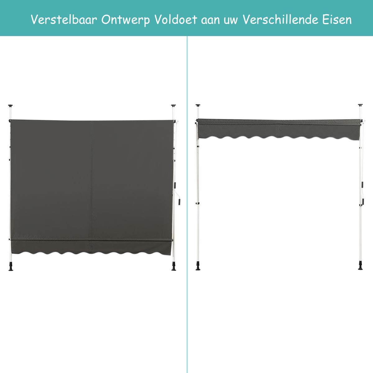 LIVSK Intrekbare Zonneluifel - Waterdicht - Aluminium Frame - Verstelbaar van 200-300 cm - Geschikt voor Balkon en Terras - Grijs