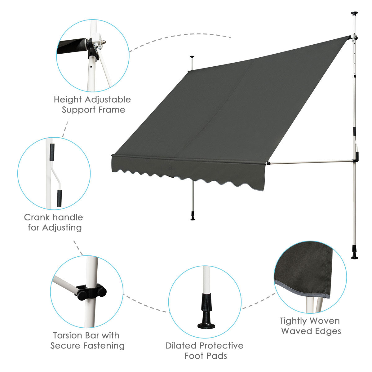 LIVSK Intrekbare Zonneluifel - Waterdicht en Verstelbaar - Lichtgewicht Aluminium - Voor Ramen en Terrassen - 300 x 120 cm - Grijs
