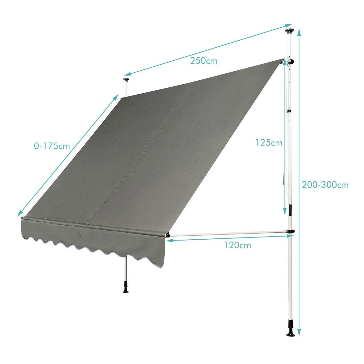LIVSK Intrekbare Zonneluifel - Waterdicht met Aluminium Frame - Verstelbare Hoogte en Hoek - 250 x 120 cm - Grijs