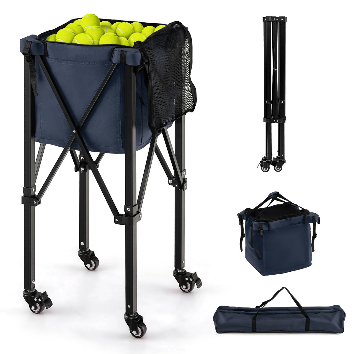 LIVSK Opvouwbare Tennisbalwagen - Lichtgewicht Aluminium - Tot 150 Tennisballen - Vergrendelbare Wielen - Zwart + Blauw