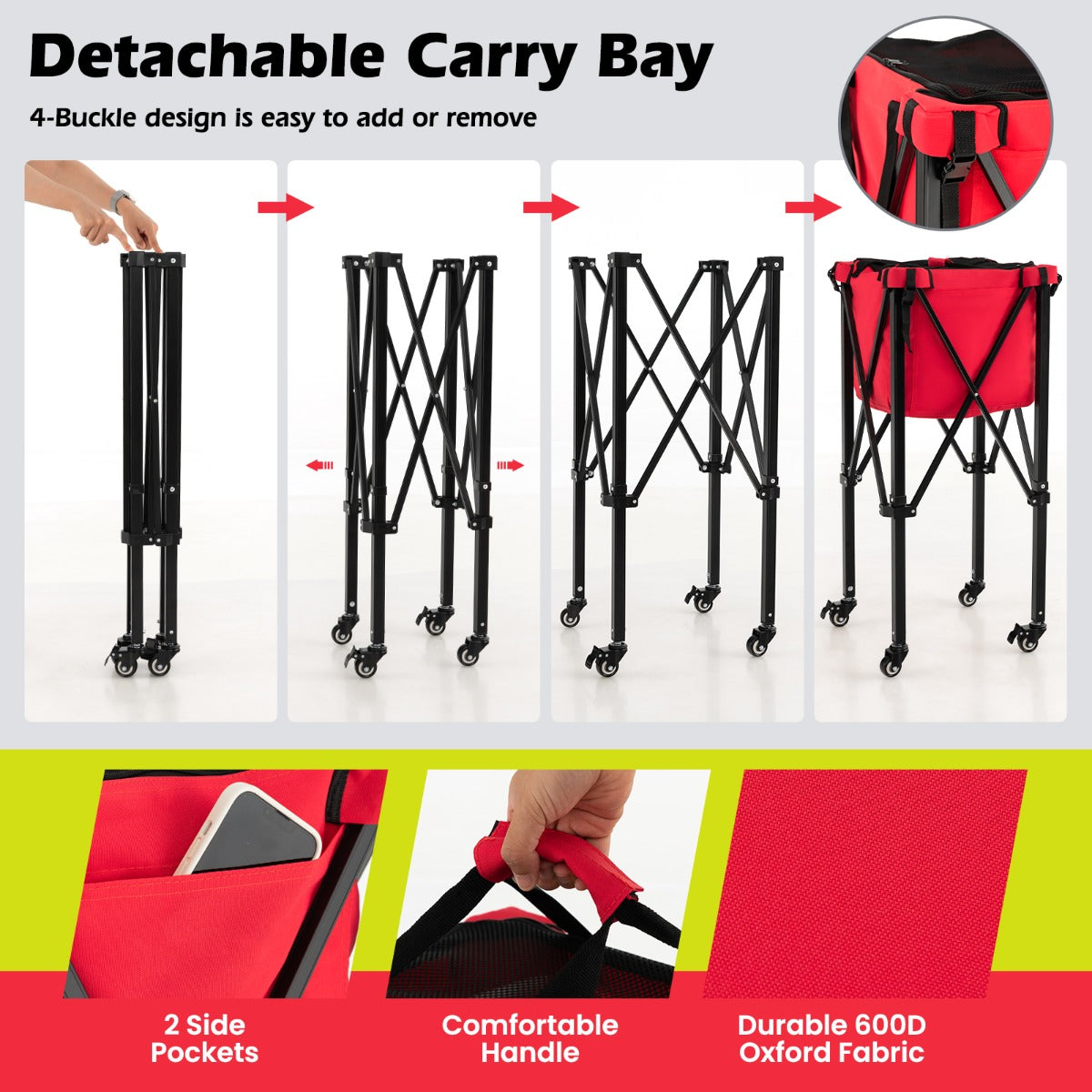 LIVSK Opvouwbare Tennisbalwagen - Lichtgewicht Aluminium - Tot 150 Tennisballen - Inclusief Draagtas - Rood