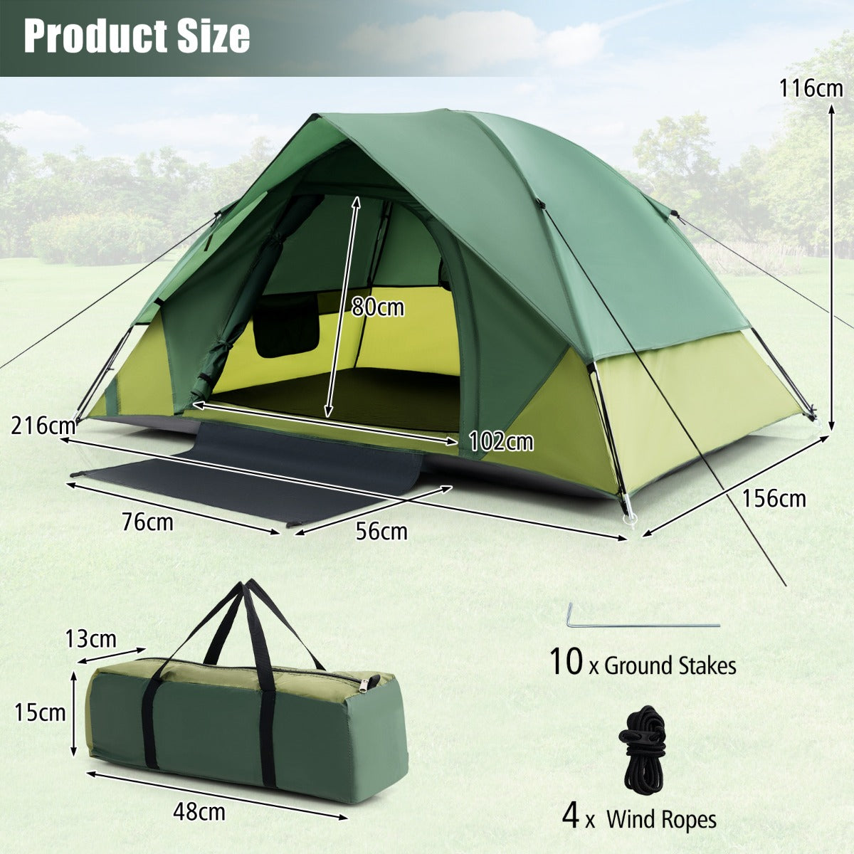 LIVSK Lichtgewicht Campingtent voor 2 Personen - Waterdicht met Afneembare Regenhoes - Ventilerend en Winddicht - Groen