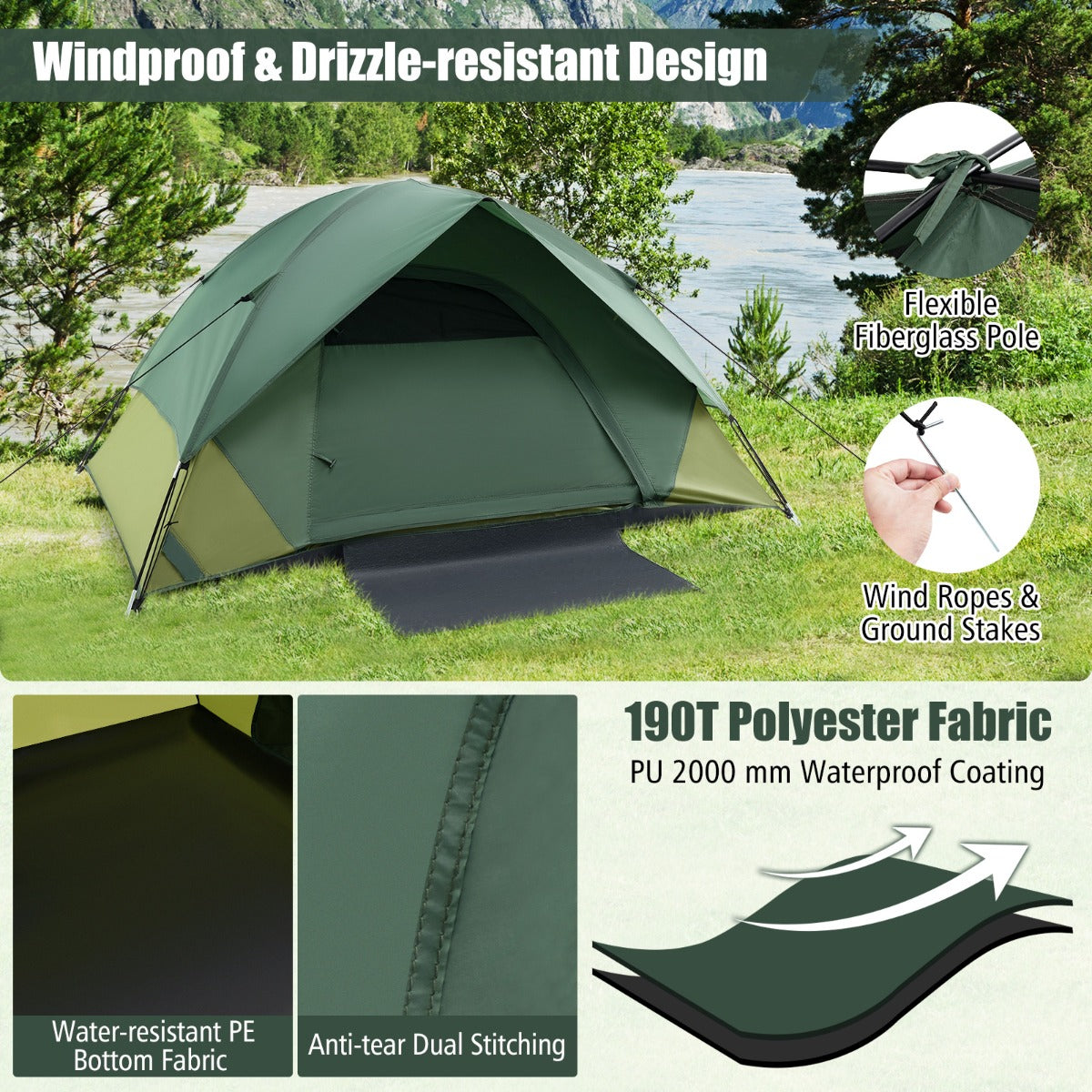 LIVSK Lichtgewicht Campingtent voor 2 Personen - Waterdicht met Afneembare Regenhoes - Ventilerend en Winddicht - Groen