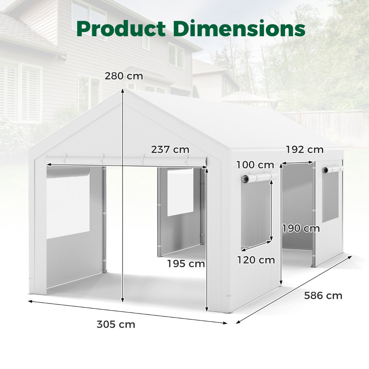 Livsk costway tentgarage 305 x 586 cm opslagtent met oprolbare geventileerde ramen en afneembare zijwanden wit 1