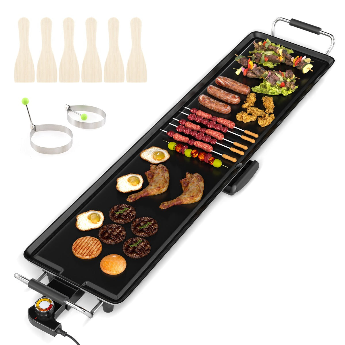 LIVSK Elektrische Tafelgrillplaat - 1800W Vermogen - 4 Temperatuurinstellingen - Inclusief Eierringen en Spatels - 90 x 22 cm -